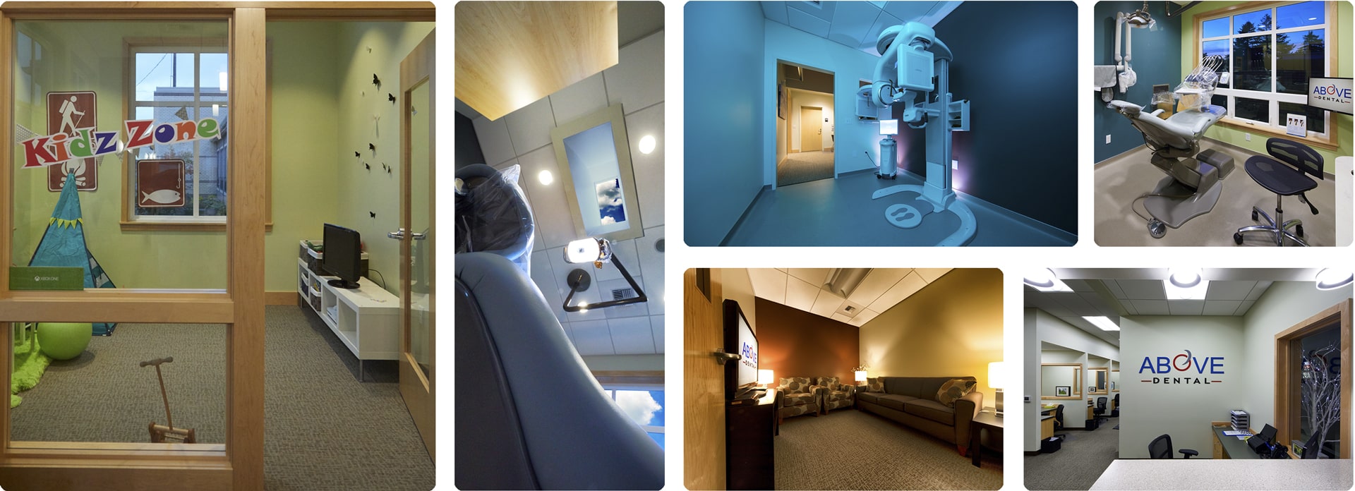 A collage of the different rooms in the Above Dental dental office